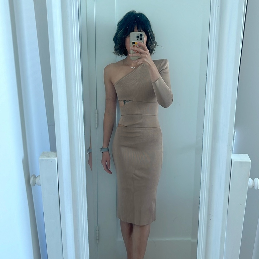 Balmain nude bodycon stretch midi dress with cutouts